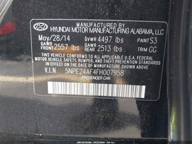 45182399 :رقم المزاد ، 5NPE24AF4FH007958 vin ، 2015 Hyundai Sonata Se مزاد بيع