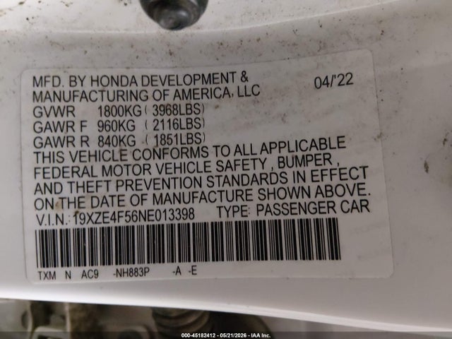 Aukcja sprzedaży 2022 Honda Insight Ex, vin: 19XZE4F56NE013398, numer aukcji: 45182412
