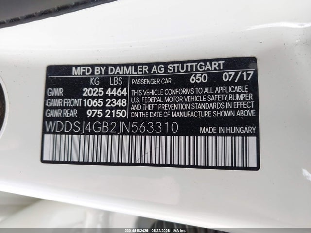 Aukcja sprzedaży 2018 Mercedes-benz Cla 250 4matic, vin: WDDSJ4GB2JN563310, numer aukcji: 45182429