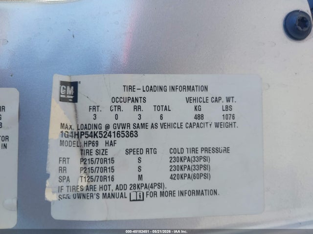 Aukcja sprzedaży 2002 Buick Lesabre Custom, vin: 1G4HP54K524165363, numer aukcji: 45182451