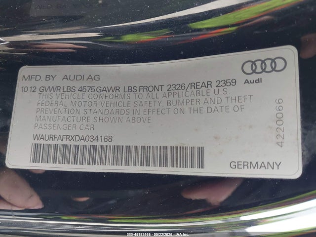 45182466 :رقم المزاد ، WAURFAFRXDA034168 vin ، 2013 Audi A5 2.0t Premium مزاد بيع