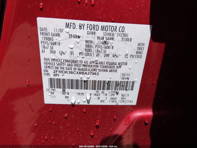 45182469 :رقم المزاد ، 2FMDK38CX8BA37963 vin ، 2008 Ford Edge Sel مزاد بيع