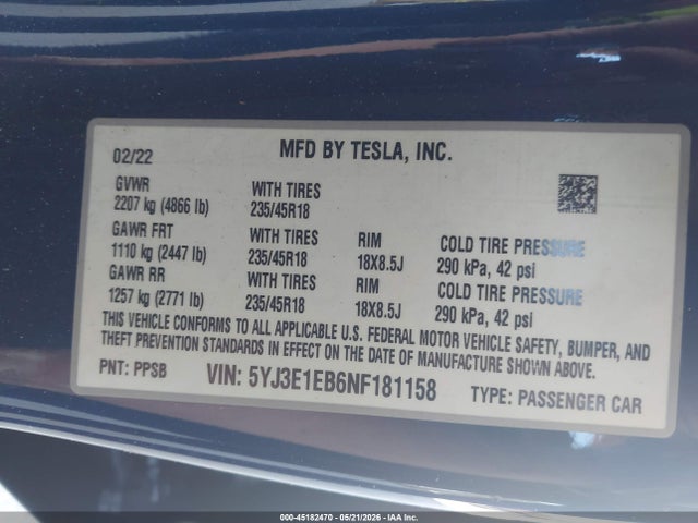 45182470 :رقم المزاد ، 5YJ3E1EB6NF181158 vin ، 2022 Tesla Model 3 Long Range Dual Motor All-wheel Drive مزاد بيع