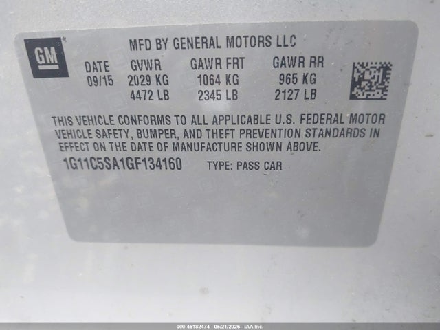 Aukcja sprzedaży 2016 Chevrolet Malibu Limited Lt, vin: 1G11C5SA1GF134160, numer aukcji: 45182474
