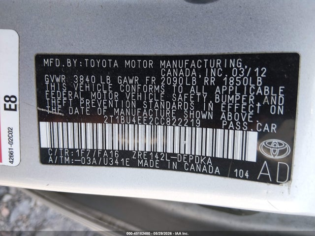 Aukcja sprzedaży 2012 Toyota Corolla L, vin: 2T1BU4EE2CC822219, numer aukcji: 45182480