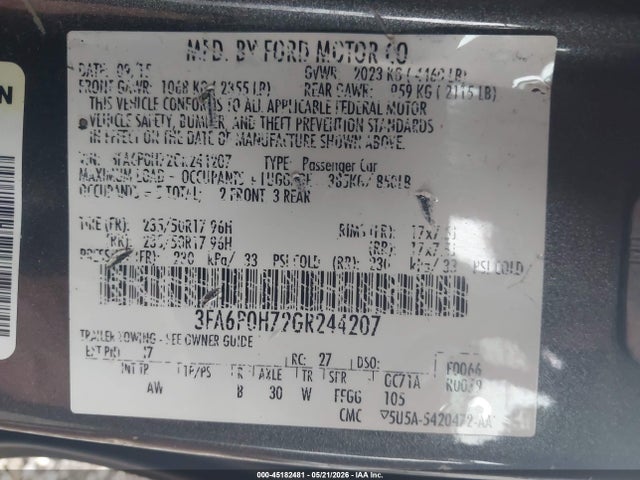 Aukcja sprzedaży 2016 Ford Fusion Se, vin: 3FA6P0H72GR244207, numer aukcji: 45182481