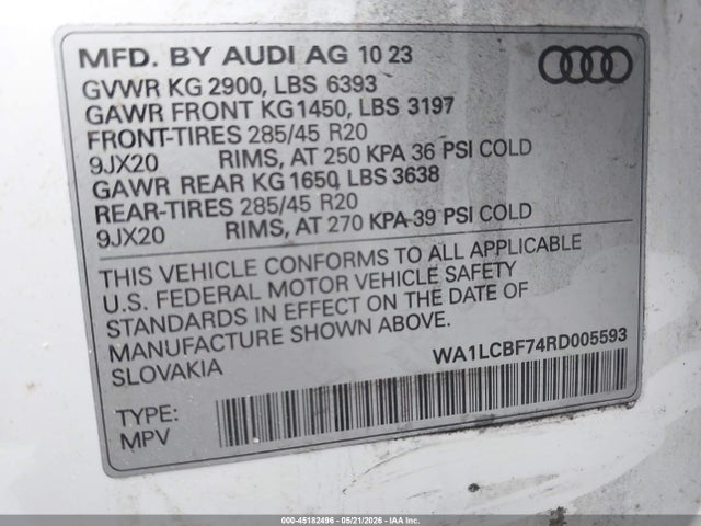 2024 Audi Q7 Premium Plus 45 Tfsi Quattro Tiptronic მანქანა იყიდება აუქციონზე, vin: WA1LCBF74RD005593, აუქციონის ნომერი: 45182496