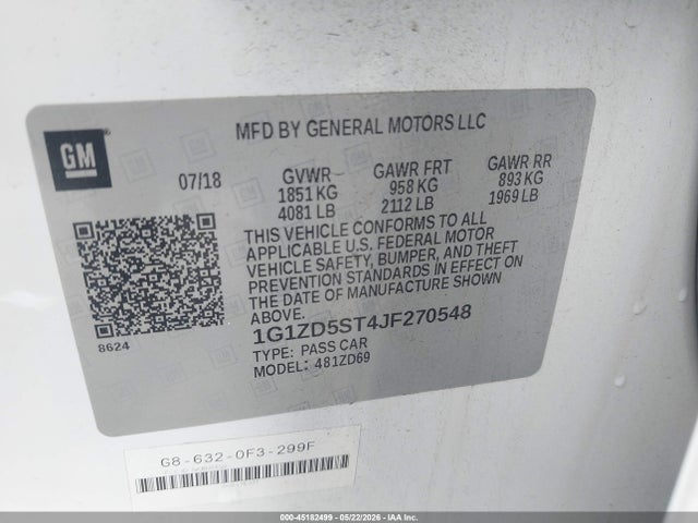 2018 Chevrolet Malibu Lt მანქანა იყიდება აუქციონზე, vin: 1G1ZD5ST4JF270548, აუქციონის ნომერი: 45182499