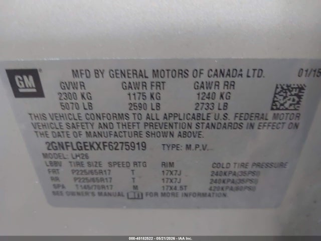 45182522 :رقم المزاد ، 2GNFLGEKXF6275919 vin ، 2015 Chevrolet Equinox 2lt مزاد بيع