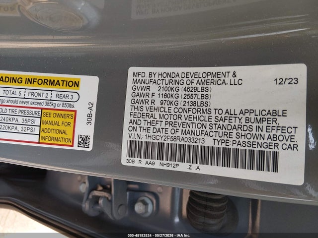 45182524 :رقم المزاد ، 1HGCY2F58RA033213 vin ، 2024 Honda Accord Hybrid Sport مزاد بيع