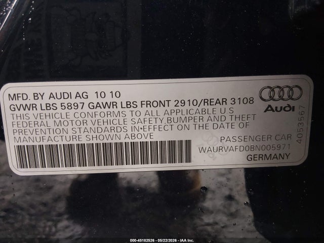 2011 Audi A8 L 4.2 მანქანა იყიდება აუქციონზე, vin: WAURVAFD0BN005971, აუქციონის ნომერი: 45182526