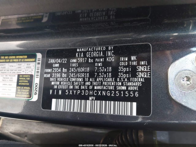 Auction sale of the 2022 Kia Telluride Ex, vin: 5XYP3DHCXNG251556, lot number: 45182530