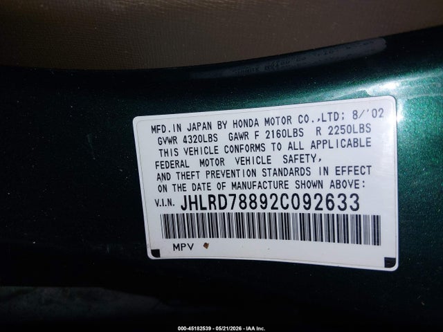 Продажа на аукционе авто 2002 Honda Cr-v Ex, vin: JHLRD78892C092633, номер лота: 45182539