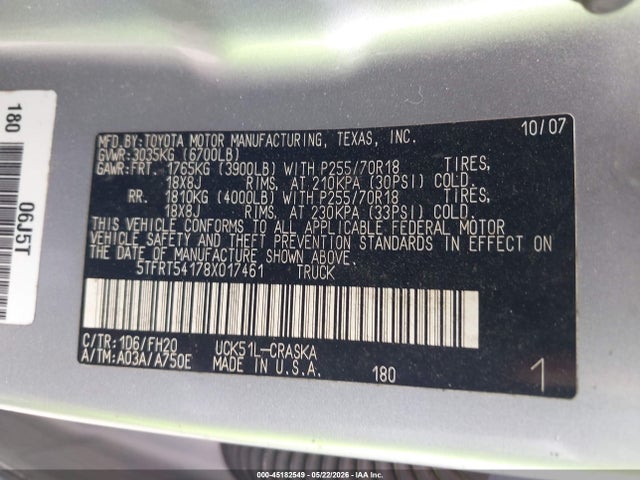 45182549 :رقم المزاد ، 5TFRT54178X017461 vin ، 2008 Toyota Tundra Base 4.7l V8 مزاد بيع