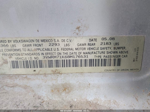 Продаж на аукціоні авто 2008 Volkswagen Jetta Se/sel, vin: 3VWRM71K68M176531, номер лоту: 45182554