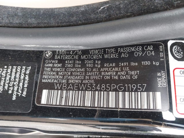 2005 Bmw 330xi მანქანა იყიდება აუქციონზე, vin: WBAEW53485PG11957, აუქციონის ნომერი: 45182555