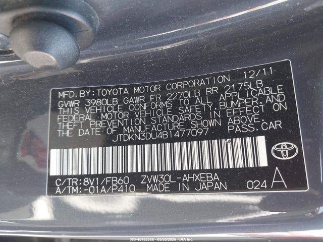 Aukcja sprzedaży 2011 Toyota Prius Two, vin: JTDKN3DU4B1477097, numer aukcji: 45182566