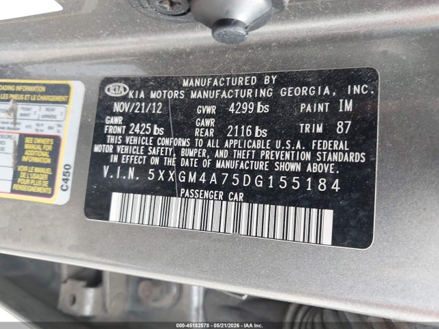 45182578 :رقم المزاد ، 5XXGM4A75DG155184 vin ، 2013 Kia Optima Lx مزاد بيع