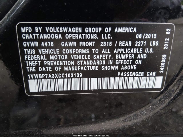 Aukcja sprzedaży 2012 Volkswagen Passat 2.5l Se, vin: 1VWBP7A3XCC103139, numer aukcji: 45182583