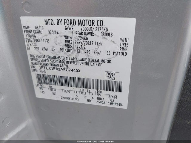 45182588 :رقم المزاد ، 1FTEX1E82AFC74403 vin ، 2010 Ford F-150 Stx/xl/xlt مزاد بيع