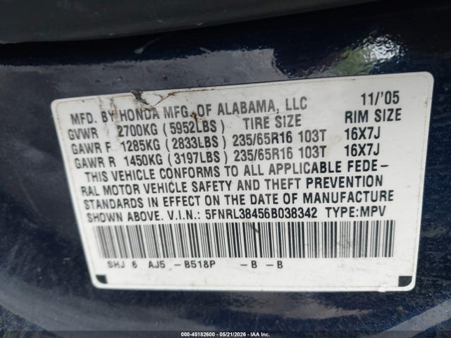 45182600 :رقم المزاد ، 5FNRL38456B038342 vin ، 2006 Honda Odyssey Ex مزاد بيع