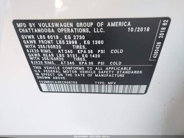 Aukcja sprzedaży 2019 Volkswagen Atlas 3.6l V6 Sel Premium, vin: 1V2NR2CA3KC508703, numer aukcji: 45182604