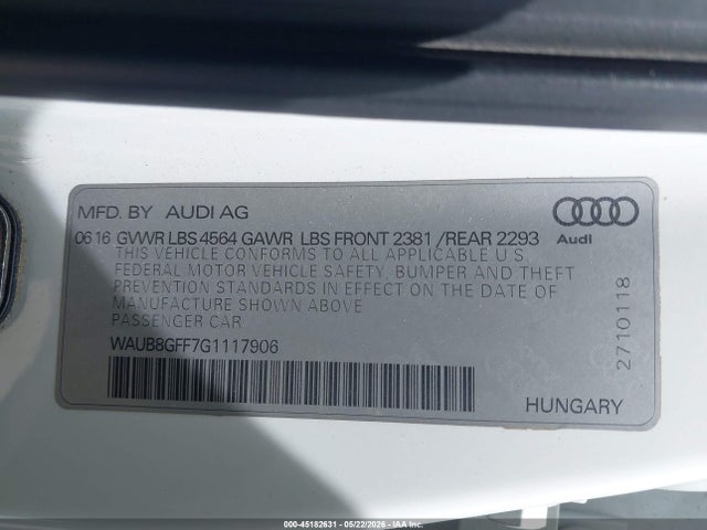 Продаж на аукціоні авто 2016 Audi A3 2.0t Premium, vin: WAUB8GFF7G1117906, номер лоту: 45182631
