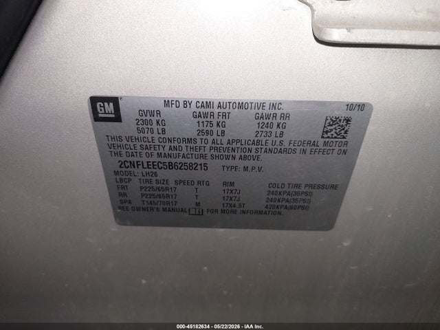 Продажа на аукционе авто 2011 Chevrolet Equinox 1lt, vin: 2CNFLEEC5B6258215, номер лота: 45182634
