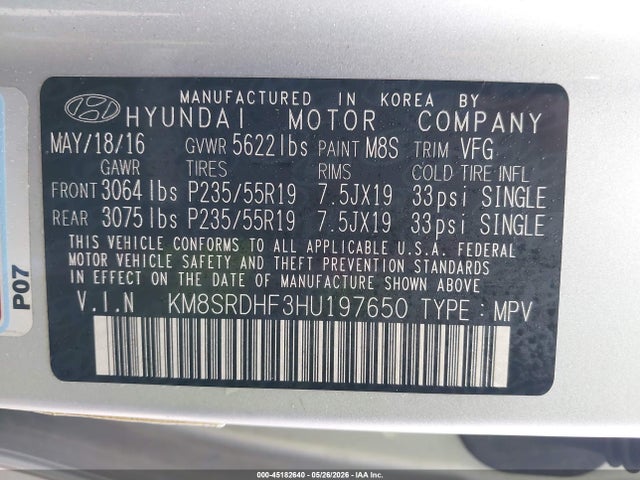 2017 Hyundai Santa Fe Limited Ultimate მანქანა იყიდება აუქციონზე, vin: KM8SRDHF3HU197650, აუქციონის ნომერი: 45182640