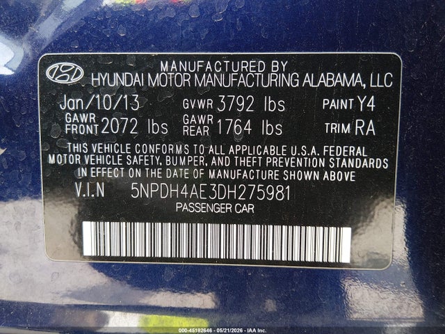 2013 Hyundai Elantra Gls მანქანა იყიდება აუქციონზე, vin: 5NPDH4AE3DH275981, აუქციონის ნომერი: 45182646