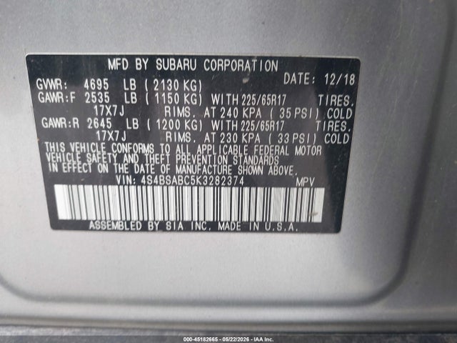 Aukcja sprzedaży 2019 Subaru Outback 2.5i, vin: 4S4BSABC5K3282374, numer aukcji: 45182665