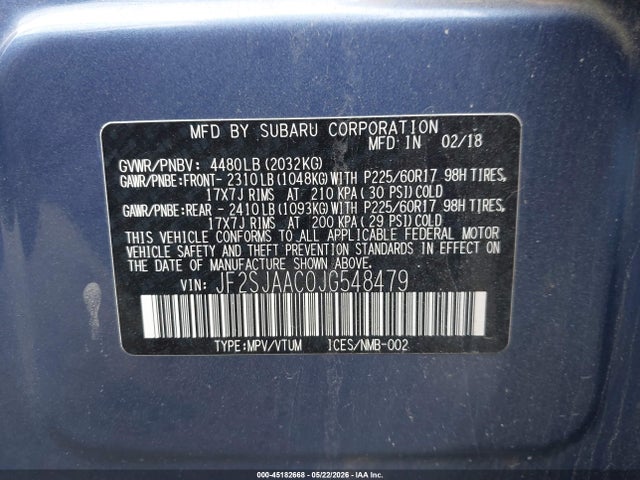2018 Subaru Forester 2.5i მანქანა იყიდება აუქციონზე, vin: JF2SJAAC0JG548479, აუქციონის ნომერი: 45182668