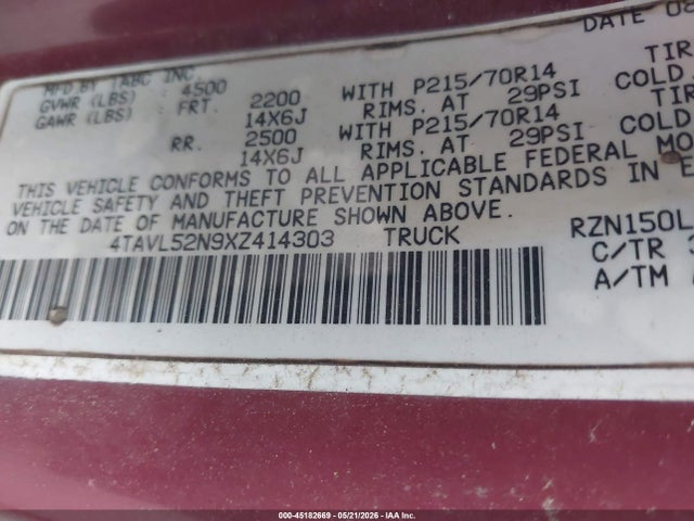 45182669 :رقم المزاد ، 4TAVL52N9XZ414303 vin ، 1999 Toyota Tacoma مزاد بيع