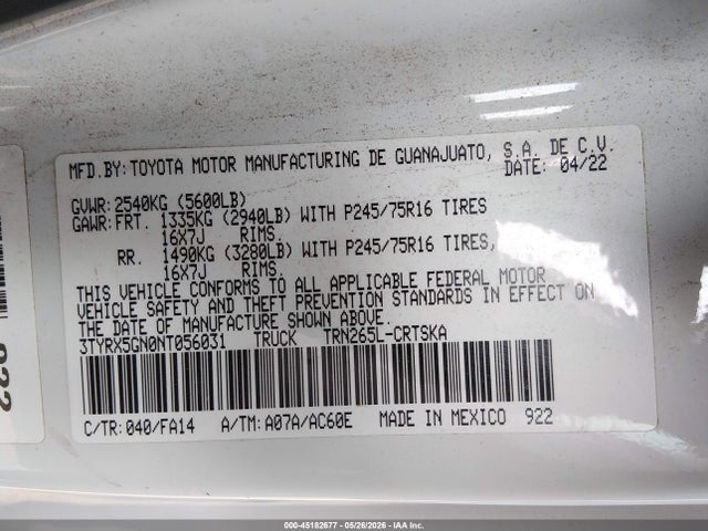 2022 Toyota Tacoma Sr მანქანა იყიდება აუქციონზე, vin: 3TYRX5GN0NT056031, აუქციონის ნომერი: 45182677