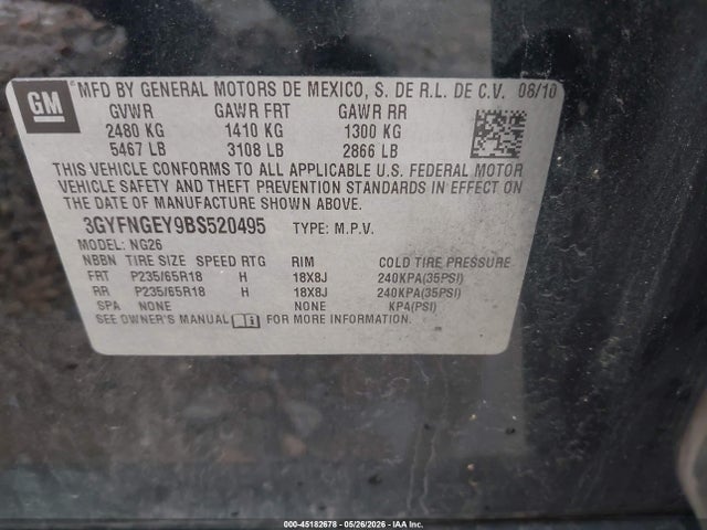 2011 Cadillac Srx Standard მანქანა იყიდება აუქციონზე, vin: 3GYFNGEY9BS520495, აუქციონის ნომერი: 45182678