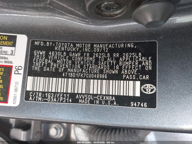 Aukcja sprzedaży 2012 Toyota Camry Hybrid Le, vin: 4T1BD1FK7CU048986, numer aukcji: 45182681