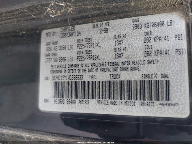 45182689 :رقم المزاد ، 3B7HC13Y1WG238333 vin ، 1998 Dodge Ram 1500 St مزاد بيع