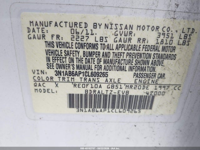 Aukcja sprzedaży 2012 Nissan Sentra 2.0 Sr, vin: 3N1AB6AP1CL609265, numer aukcji: 45182707