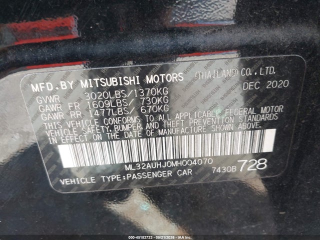 Aukcja sprzedaży 2021 Mitsubishi Mirage Carbonite Edition/es/le, vin: ML32AUHJ0MH004070, numer aukcji: 45182723
