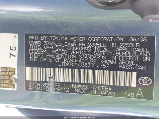 2008 Toyota Prius მანქანა იყიდება აუქციონზე, vin: JTDKB20U387802787, აუქციონის ნომერი: 45182739