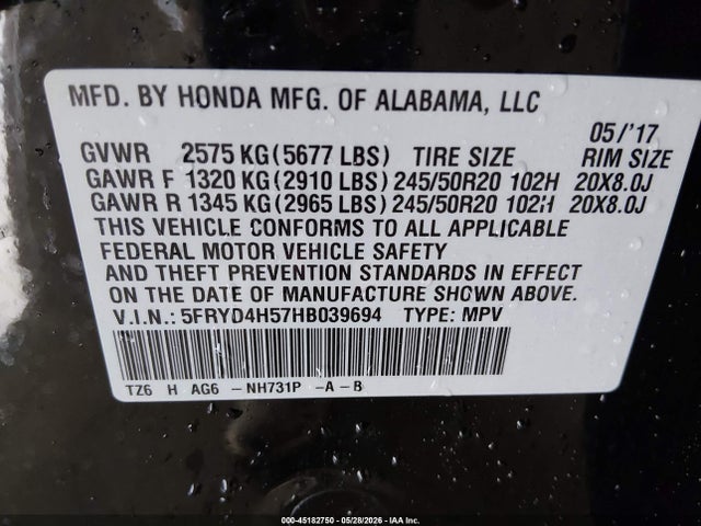 Продаж на аукціоні авто 2017 Acura Mdx Technology Package, vin: 5FRYD4H57HB039694, номер лоту: 45182750