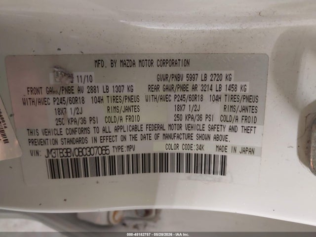 Aukcja sprzedaży 2011 Mazda Cx-9 Sport, vin: JM3TB3BV0B0307065, numer aukcji: 45182757