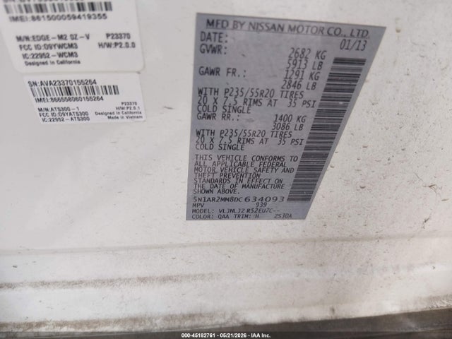 Продаж на аукціоні авто 2013 Nissan Pathfinder Platinum, vin: 5N1AR2MM8DC634093, номер лоту: 45182761