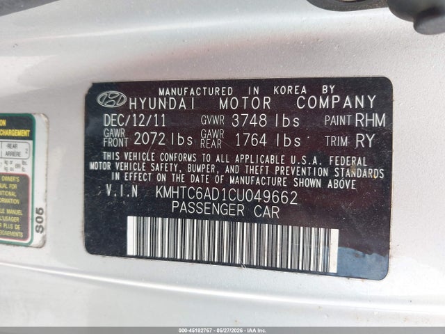 2012 Hyundai Veloster Base W/gray მანქანა იყიდება აუქციონზე, vin: KMHTC6AD1CU049662, აუქციონის ნომერი: 45182767
