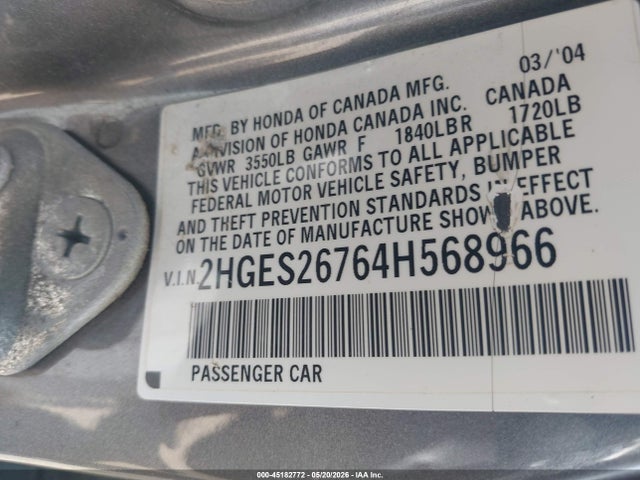 Aukcja sprzedaży 2004 Honda Civic Ex, vin: 2HGES26764H568966, numer aukcji: 45182772