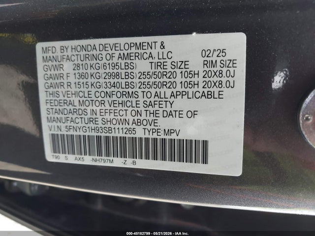 Aukcja sprzedaży 2025 Honda Pilot Black Edition, vin: 5FNYG1H93SB111265, numer aukcji: 45182799
