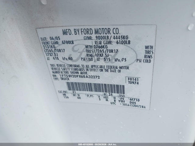 Aukcja sprzedaży 2006 Ford F-250 Lariat/xl/xlt, vin: 1FTSW20PX6EA32272, numer aukcji: 45182808