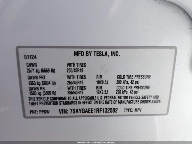 Aukcja sprzedaży 2024 Tesla Model Y Long Range Dual Motor All-wheel Drive, vin: 7SAYGAEE1RF132582, numer aukcji: 45182811
