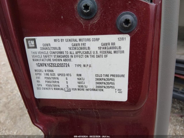 Aukcja sprzedaży 2002 Chevrolet Suburban 1500 Lt, vin: 1GNFK16Z82J203724, numer aukcji: 45182824