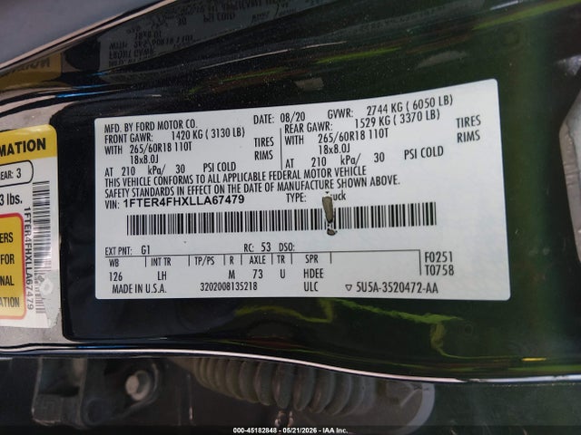 45182848 :رقم المزاد ، 1FTER4FHXLLA67479 vin ، 2020 Ford Ranger Xlt مزاد بيع